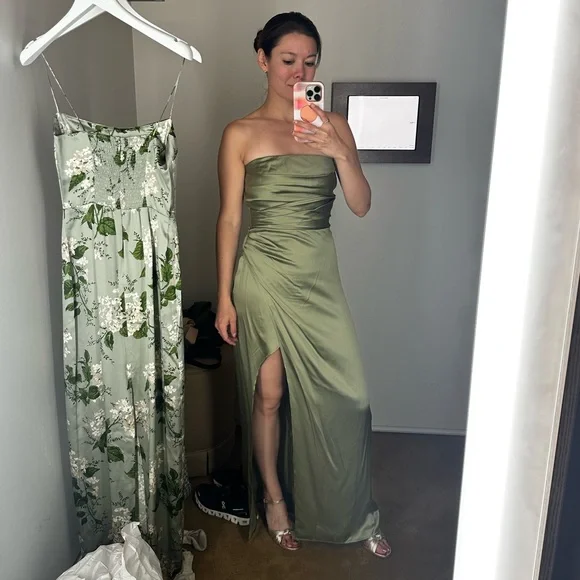 Reformation Barrow Artichoke Green Silk Strapless Cocktail Gown Size 2 NWT